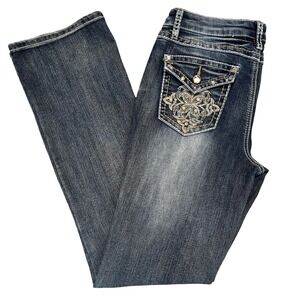 Earl Jean Womens Bootcut Jeans Dark Wash Rhinestone Embroidered Flap Pocket‎ 4